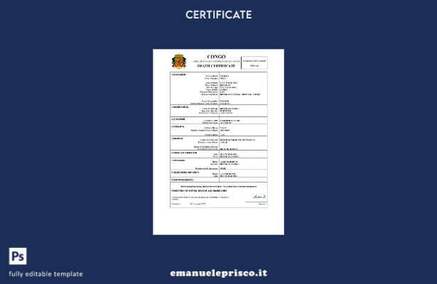 certificato di morte del Congo in stile verificato modello Word e PDF